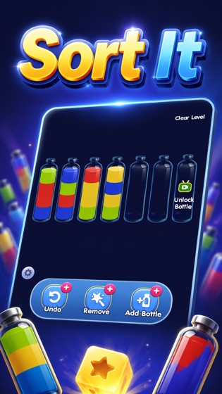 Gameplay screenshot — sorting layered colors in glass bottles