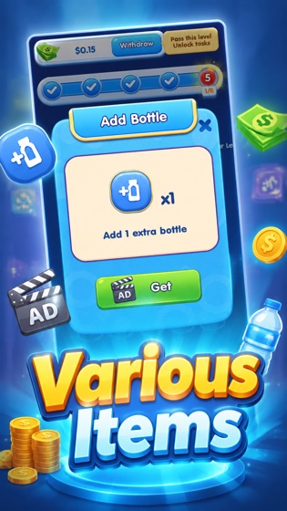 Gameplay screenshot — challenging multi-bottle layout